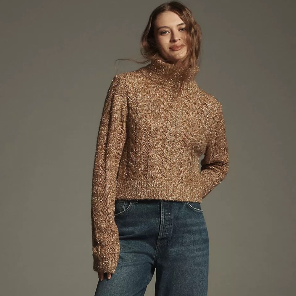 Anthropologie || Pilcro‎ Shine Cable-Knit Turtleneck Sweater Tan Gold Small